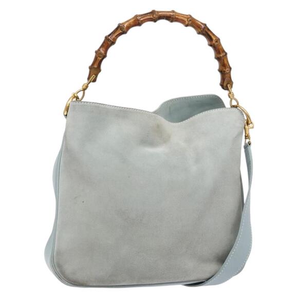 GUCCI Bamboo Hand Bag Suede Outlet Light Blue Gold 001 001 - Picture 1 of 16